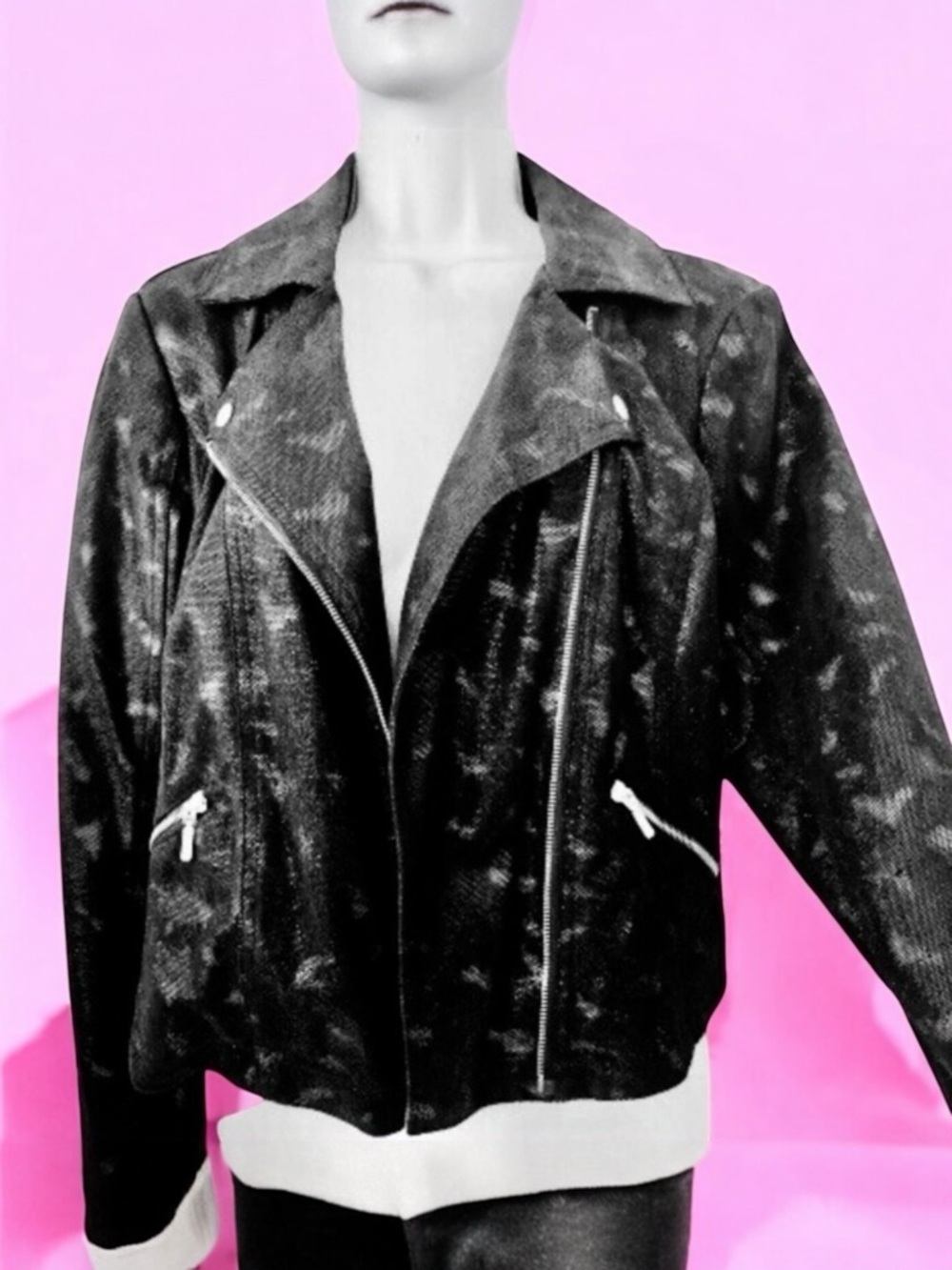 Rock & Republic Faux Leather Moto Jacket Gold Metallic Snakeskin Print Cropped